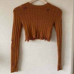 Brown Distressed Crop Top Sweater